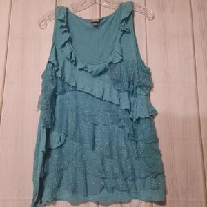 Vanity‎ Tank Top 2XL Sleeveless Ruffle Lace Aqua Blue Casual Womens